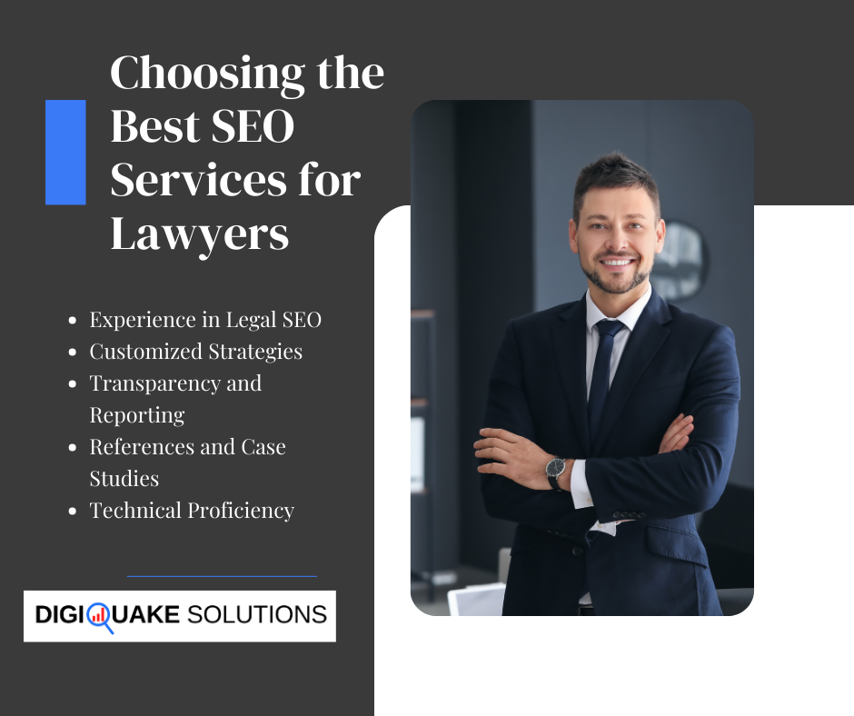 A confident man in a suit standing with arms crossed, next to text about choosing the best SEO services for lawyers.