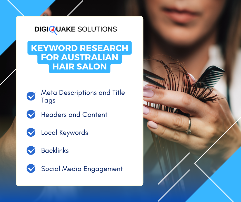 A graphic with the title "Keyword Research for Australian Hair Salon" and a list of bullet points on the left side, accompanied by an image of a person holding hair and a comb on the right side.