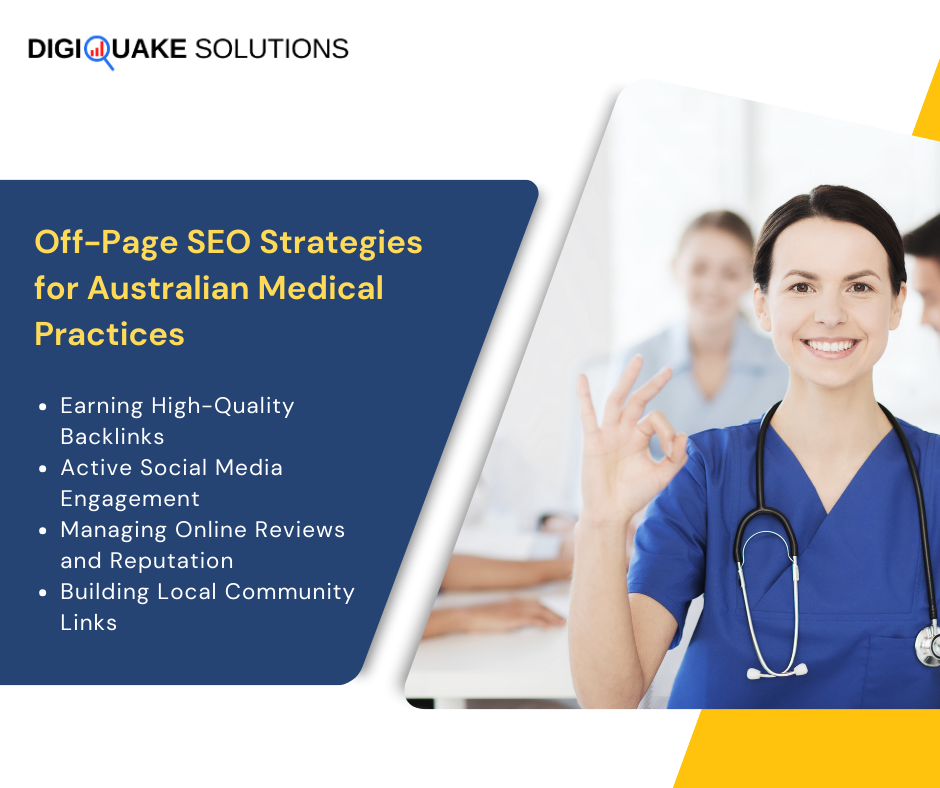 A female nurse smiling and giving an "OK" hand gesture, next to text listing off-page SEO strategies for Australian medical practices.
