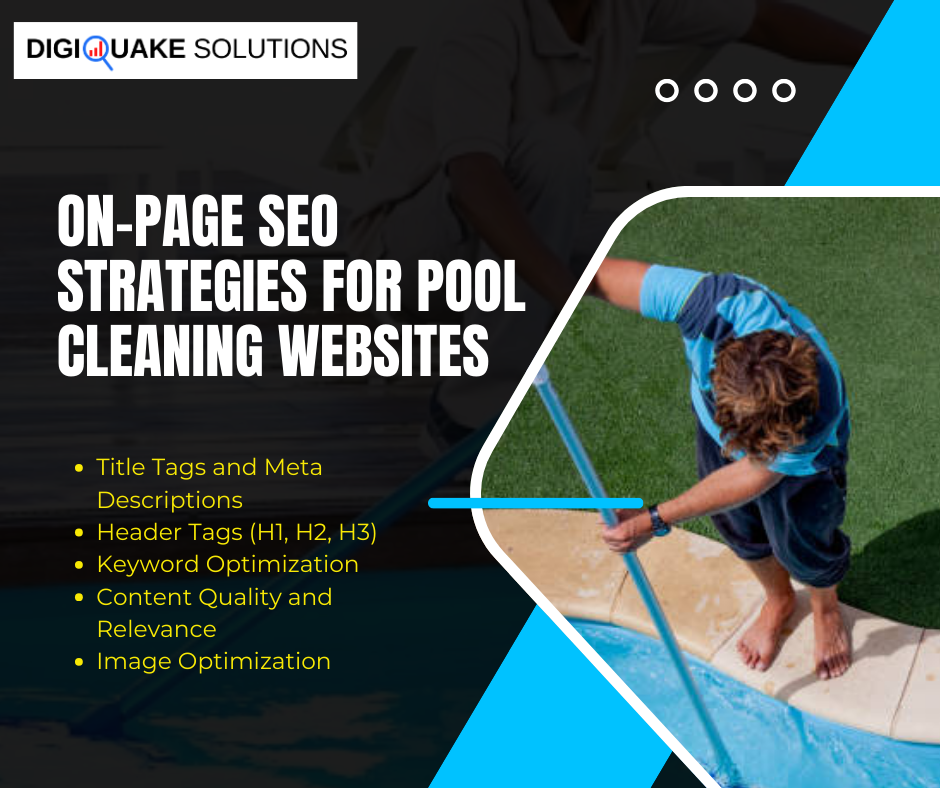 Graphic on on-page SEO strategies for pool cleaning websites, featuring a person cleaning a pool.