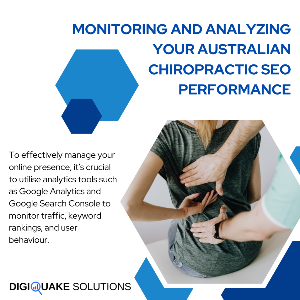 A promotional graphic by DigiQuake Solutions titled "Monitoring and Analyzing Your Australian Chiropractic SEO Performance."