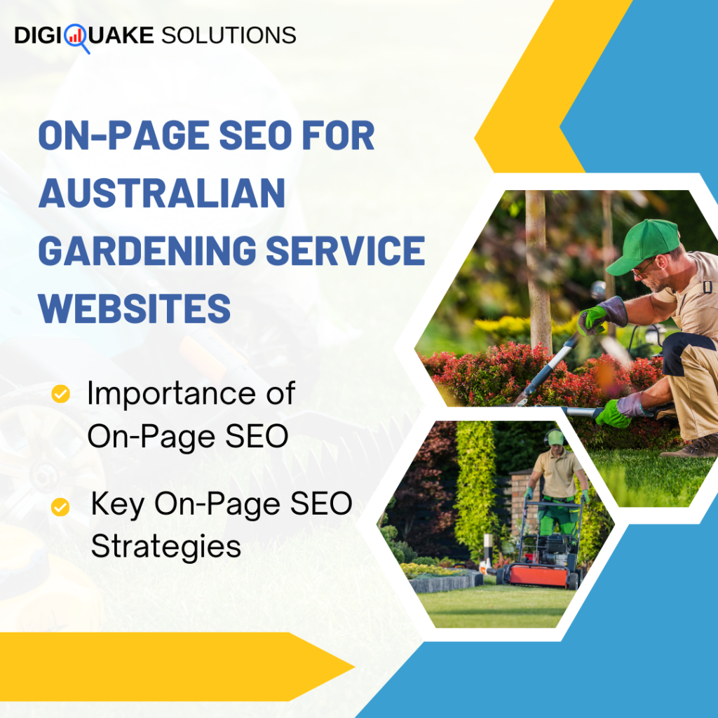 A gardener working with plants and lawn care equipment, alongside text about on-page SEO for Australian gardening service websites.