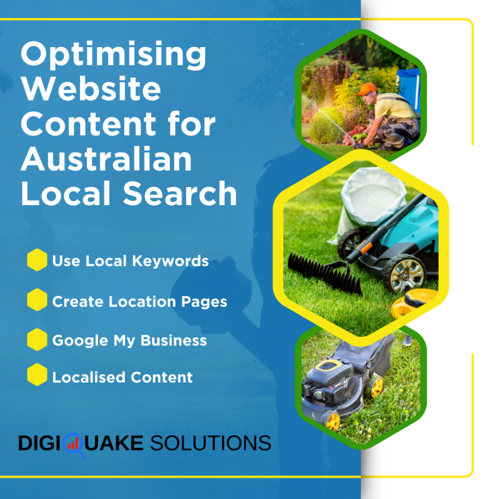 A lawn care worker in various activities is featured on the right, while text on the left outlines strategies for optimizing website content for Australian local search.
