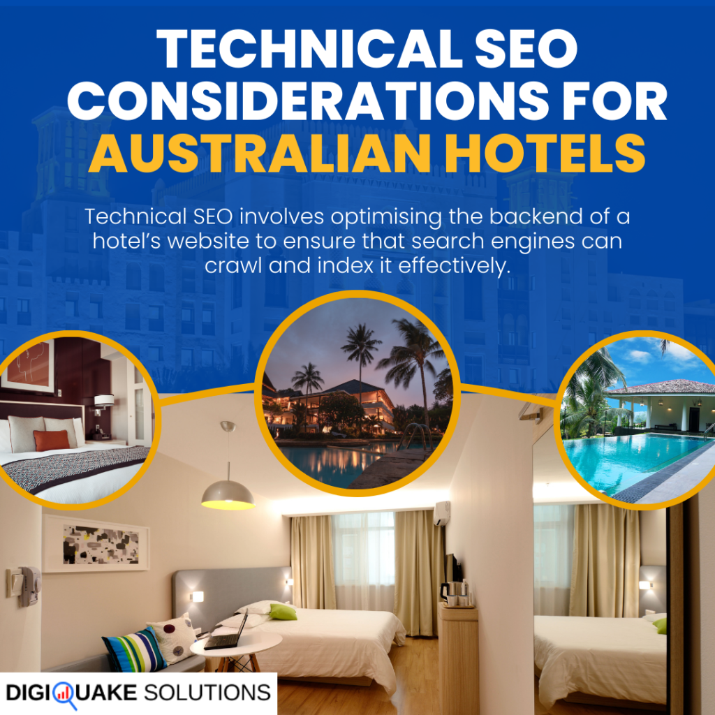 "Technical SEO Considerations for Australian Hotels poster featuring hotel rooms, a pool, and a resort, with text explaining the importance of optimizing the backend of hotel websites for SEO."