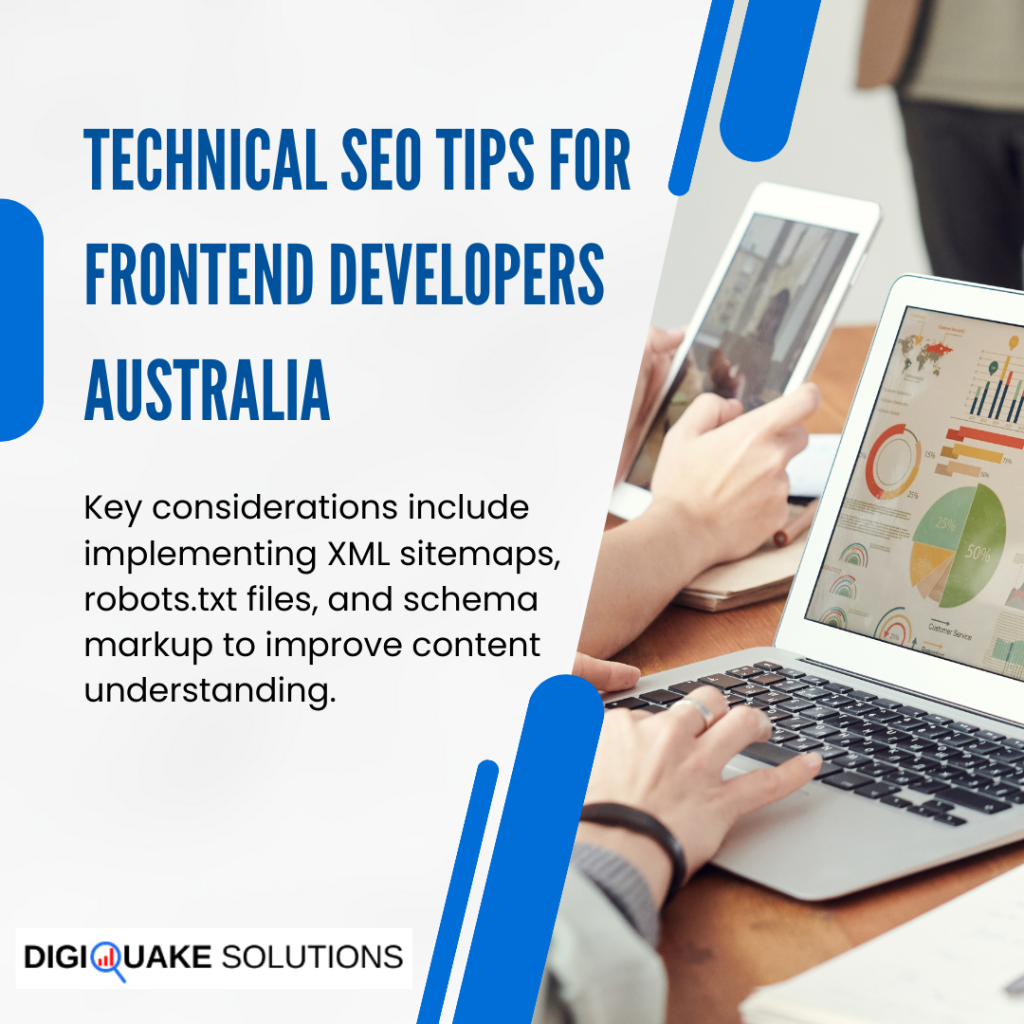 A presentation slide titled "Technical SEO Tips for Frontend Developers Australia" featuring a key takeaway to implement XML sitemaps, robots.txt files, and schema markup.
