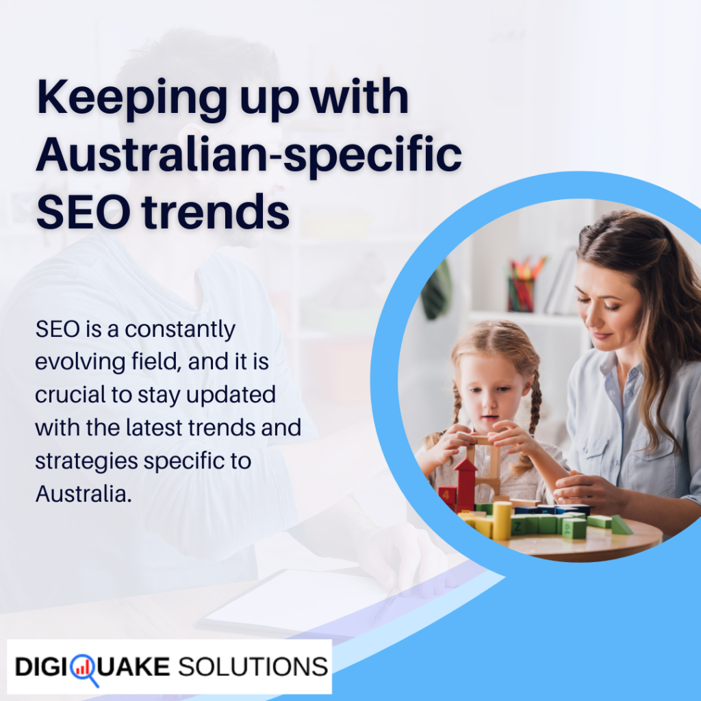 A digital graphic titled "Keeping up with Australian-specific SEO trends" from DigiQuake Solutions.
